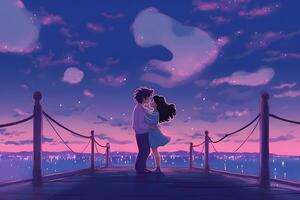 romantique nuit en dessous de le étoiles et lune couple actions un intime baiser. neural réseau ai généré photo