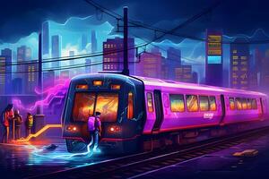 métro futur néon dans synthwave style. neural réseau ai généré photo