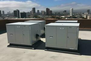 air Conditionneur unités HVAC sur une toit de industriel bâtiment avec bleu ciel et des nuages dans le Contexte. neural réseau ai généré photo