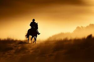 silhouette cow-boy sur à cheval. neural réseau ai généré photo