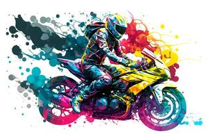 autocollant de motard sur sport moto dans aquarelle style sur blanc Contexte. neural réseau généré art photo