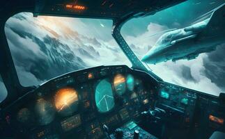 avion cockpit vue pendant intergalaxie périple vol ou vaisseau spatial bataille. neural réseau généré art photo