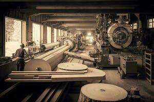 travail du bois scierie production et En traitement de en bois planches dans une moderne industriel usine Assemblée ligne dans production. neural réseau généré art photo