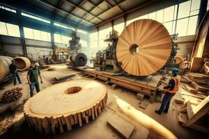 travail du bois scierie production et En traitement de en bois planches dans une moderne industriel usine Assemblée ligne dans production. neural réseau généré art photo