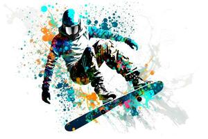 homme snowboarder sauter sur snowboard avec arc-en-ciel aquarelle éclaboussure isolé sur blanc Contexte. neural réseau généré art photo