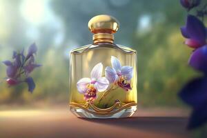magnifique aux femmes parfum bouteille avec orchidées. neural réseau généré art photo