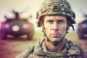 fier armée soldat portrait. neural réseau ai généré photo