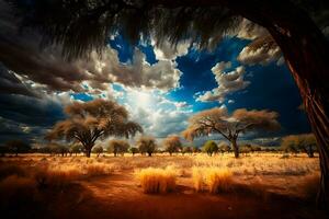 lever du soleil plus de le savane et herbe des champs dans Sud Afrique avec nuageux ciel. neural réseau ai généré photo