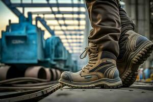 fermer sécurité travail chaussure sur une ouvrier pieds est permanent à le usine. neural réseau ai généré photo