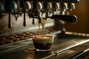 café fabriqué dans professionnel Expresso machine verser dans une Coupe. neural réseau ai généré photo