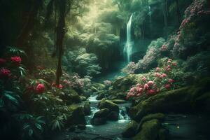 magnifique Conte de fée paysage avec une cascade. neural réseau ai généré photo