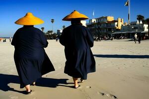 deux plus Taille en surpoids sœurs jumeaux femmes content et fier de leur corps en marchant à le plage sur été vacances. neural réseau ai généré photo