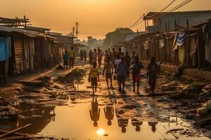 saleté route sur le rue dans Afrique, les enfants sont marche. neural réseau ai généré photo