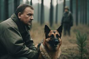 homme en marchant avec le sien chien ami. neural réseau ai généré photo