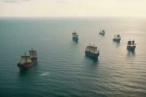 ancien navires à mer. en bois voilier voiles dans une orage à océan. une mystérieux bateau dans orageux vagues. neural réseau ai généré photo