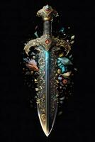 médiéval épée et fourreau. fantaisie d'or épée avec longue lame. neural réseau généré art photo