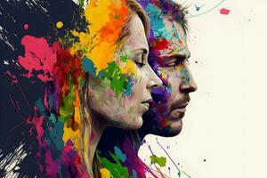 Jeune couple dans l'amour silhouette avec aquarelle peindre éclaboussures. neural réseau généré art photo
