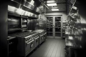professionnel restaurant cuisine intérieur avec cuisine la fourniture et électronique. neural réseau généré art photo
