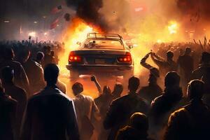 le foule émeutes dans le rue, protestations. brûlant ville. neural réseau généré art photo