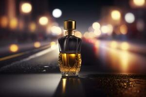 parfum bouteille contre le toile de fond de nuit ville lumières. neural réseau généré art photo