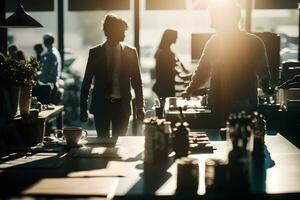 équipe à travail. groupe de Jeune affaires gens dans intelligent décontractée porter travail ensemble dans Créatif Bureau neural réseau ai généré photo