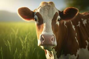 vert Prairie dans montagnes et vache, été paysage. neural réseau ai généré photo