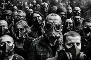 foule de gens dans uniforme et gaz masque. concept de radiation et virus, environnement pollution. neural réseau ai généré photo