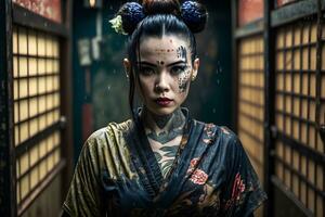 Japonais geisha avec tatouage. neural réseau ai généré photo