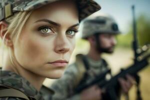 jolie femelle soldat portrait. neural réseau ai généré photo