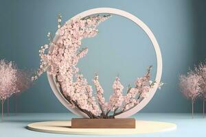 Frais luxuriant rose Sakura fleurs sur branche avec podium maquette dans doux lumière. neural réseau ai généré photo