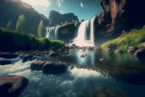 magnifique paysage avec gros cascade dans ensoleillé heure d'été. neural réseau généré art photo