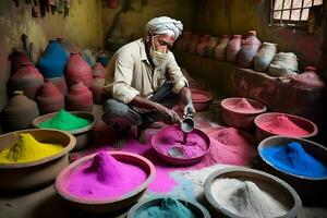 coloré poudre mis à la porte en haut, Holi fête. neural réseau ai généré photo