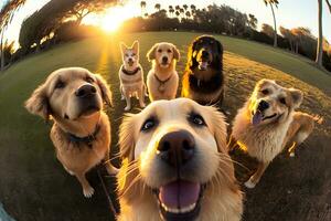 mignonne beagle à la recherche à le caméra tandis que prise une selfie avec un autre beagle et une carlin. neural réseau ai généré photo