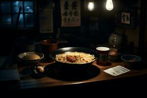 Japonais ramen soupe avec poulet, œuf, ciboulette et germer sur foncé en bois. neural réseau ai généré photo