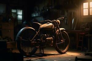 vieux ancien moto dans le garage. neural réseau ai généré photo