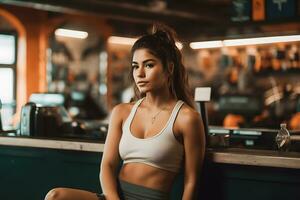 magnifique athlétique latina femme dans le salle de sport. neural réseau ai généré photo