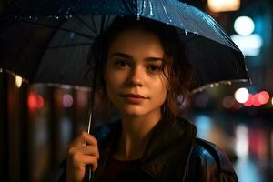 portrait de une fille avec un parapluie dans le pluie. neural réseau ai généré photo