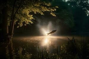 poisson sauter en dehors de le l'eau. neural réseau ai généré photo