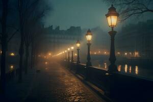 nuit lanternes lumière dans ancien rétro ville. neural réseau ai généré photo