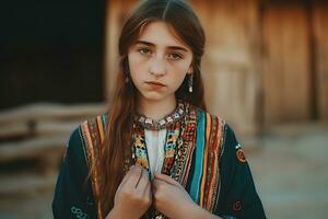 portrait de une traditionnellement habillé femme de Indien origine. neural réseau ai généré photo