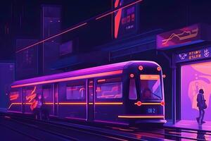 métro futur néon dans synthwave style. neural réseau ai généré photo