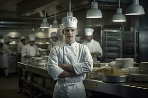 restaurant chef dans le cuisine. neural réseau ai généré photo