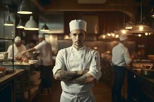 restaurant chef dans le cuisine. neural réseau ai généré photo