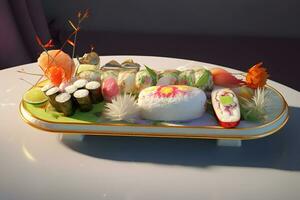 fermer vue de délicieux Sushi ensemble sur ardoise planches. neural réseau ai généré photo