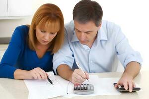 Sénior couple Faire Accueil finances. neural réseau ai généré photo