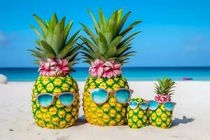 famille de marrant attrayant Ananas dans élégant des lunettes de soleil sur le le sable contre turquoise mer. tropical été vacances concept. neural réseau ai généré photo