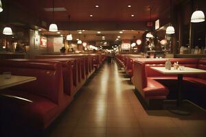 vieux façonné rouge bar selles dans américain Burger rétro le dîner restaurant. intérieur de bar est dans traditionnel américain style. neural réseau ai généré photo