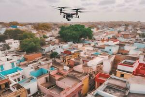 drone en volant plus de le ville. neural réseau ai généré photo