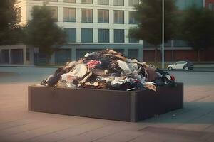 des ordures dans Urbain ville débordement le des ordures poubelle pouvez fabrication la pollution avec vêtements vidé dans déchet et poubelle. neural réseau ai généré photo