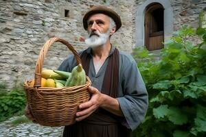 portrait de une agriculteur avec récolte. neural réseau ai généré photo